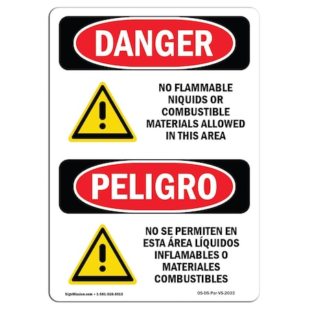 Signmission Safety Sign, OSHA Danger, 24" Height, No Flammable Liquids Combustible Allowed, Spanish OS-DS-D-1824-VS-2033